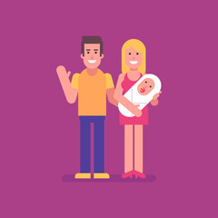 Couple man and woman stand with baby and smile. Flat people
