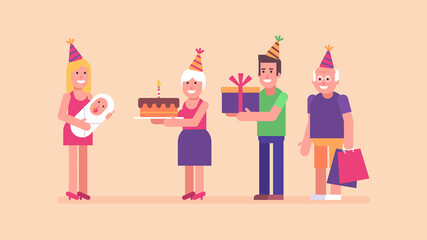 Old man old woman and man congratulates girl with baby happy birthday. Flat people