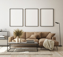 mock up poster frame in modern interior background, living room, Scandinavian style, 3D render, 3D illustration