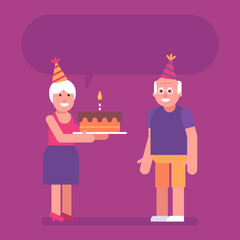 Old woman holding cake and congratulating old man on his birthday. Flat people