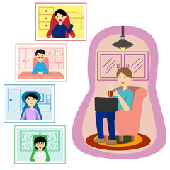 a man working from home using computer have video conference with workmates vector