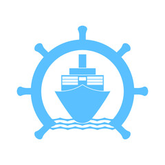 Blue ship and helm on a white background, sign for design, vector illustration