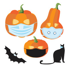 Halloween pumpkin in medical mask, cat, bat isolated on white background for design, flat vector stock illustration as a set or collection