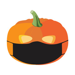 Halloween pumpkin in medical mask isolated on white background for design, flat vector stock illustration with pumpkin in facial mask as sticker