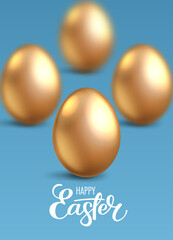 Realistic golden eggs on light blue background. Easter greeting card or invitation template