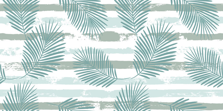 Tropical pattern, palm leaves seamless vector floral background. Exotic plant on blue stripes print illustration. Summer nature jungle print. Leaves of palm tree on paint lines. ink brush strokes