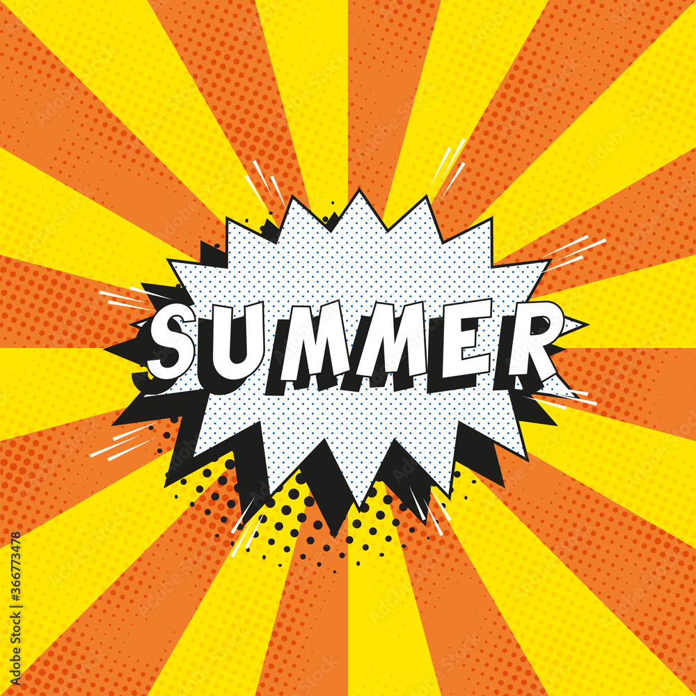 Poster text 'summer' in retro comics speech bubble on orange background with radial lines and halftone dots