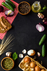 Fototapeta na wymiar Top view frame of dinner table with fresh homemade food - effs, bread, potatoes