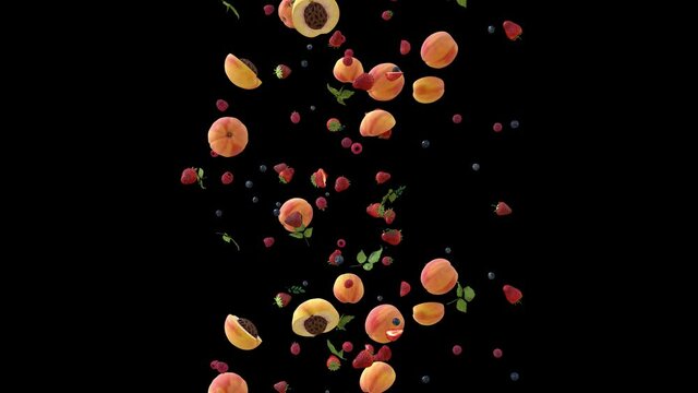 peach raspberry strawberry blueberry smoothie fruits falling spinning loop with alpha
