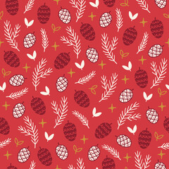 Christmas seamless pattern with cones, leaves and fir branches