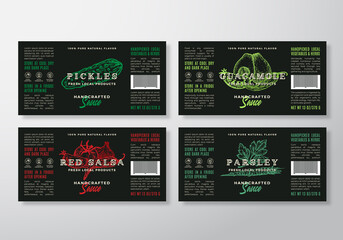 Handcrafted Sauce Labels Template Set. Abstract Vector Packaging Design Layouts. Modern Typography Guacamole and Salsa Banners with Hand Drawn Herbs and Vegetables Silhouettes Background.