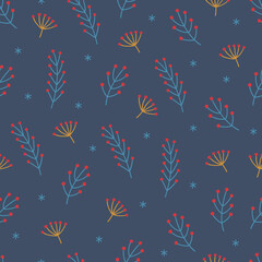 Christmas seamless pattern with berries and snowflakes on dark background