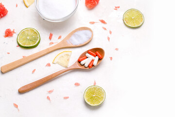 Biological additives concept. Capsules on a white background. Copy space