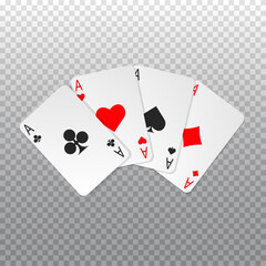 Four aces poker cards isolated on transparent background.  Playing card. Vector illustration. 