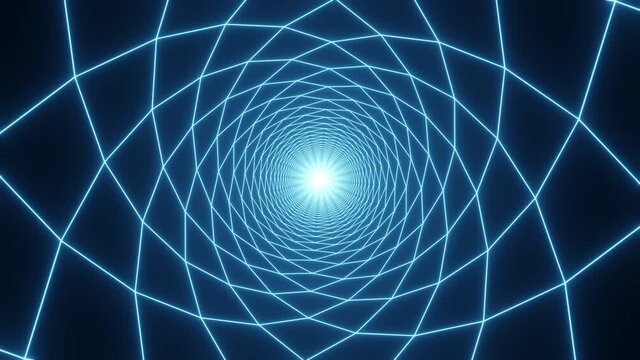 Abstract geometric grid blue glow tunnel. Seamless electric wireframe tube flow. 3d looped animation