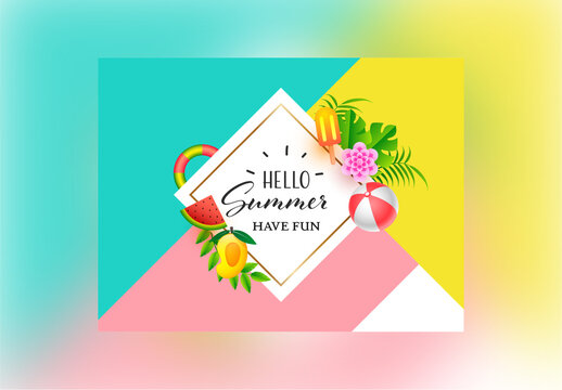 Hello Summer Banner Layout with Bright Color Background
