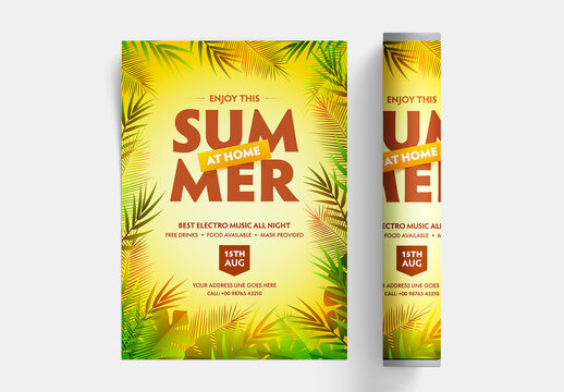 Summer Party Flyer Layout with Leaves on Yellow Background