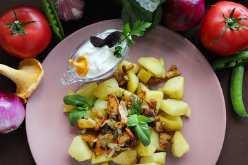 On a plate fried chanterelles with onions and homemade potatoes