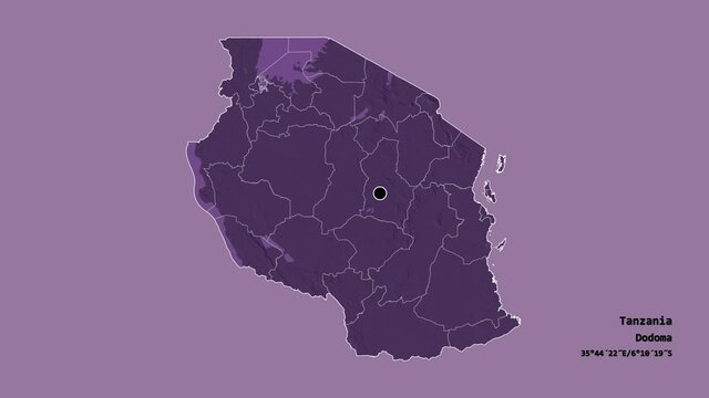 Mbeya, region of Tanzania, with its capital, localized, outlined and zoomed with informative overlays on a administrative map in the Stereographic projection. Animation 3D