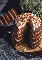 Bizcocho de chocolate con relleno de ganache de chocolate y crema de nutella, acompañado de mani y chips crocantes