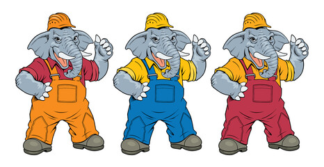 Elephant worker in hard hat and uniform. Comic style vector illustration.