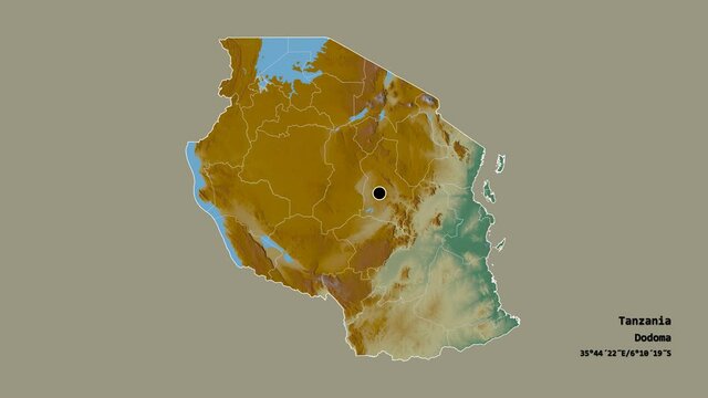 Morogoro, region of Tanzania, with its capital, localized, outlined and zoomed with informative overlays on a relief map in the Stereographic projection. Animation 3D