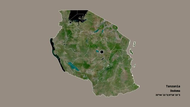 Morogoro, region of Tanzania, with its capital, localized, outlined and zoomed with informative overlays on a satellite map in the Stereographic projection. Animation 3D