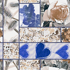 Patchwork, roses, leaves, willows, grape, stone, hearts, seamless pattern in watercolor art.