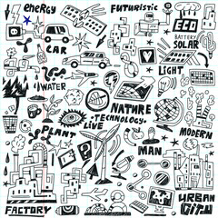 ecology , technology - doodles set