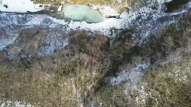 Aerial shot of volcanic crater Jigokudani  Hell Valley   Noboribetsu  Hokkaido  Japan