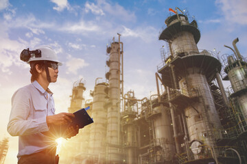 Technician of petroleum industrial standing on site with report and sunset sky background, Engineer...
