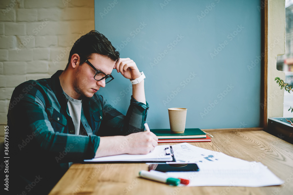 Poster contemplative smart student solving problem for homework task concentrated on learning, clever hipst