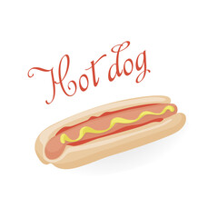Fast food. Hot dog, sausage in a fresh bun with sauce and mustard.  illustration of street food for menu design and packaging.