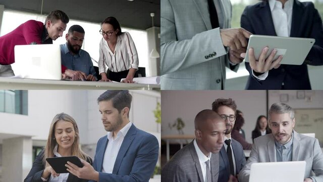 Collage of various office workers using digital device for work. Content men and women in suits meeting, talking and discussing project. Multiscreen montage. Communication and technology concept