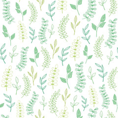 Hand drawn decorative seamless pattern of different leaves, branches, grass. Floral set elements. Cute outline doodle sketch illustration for greeting card, invitation, wallpaper, wrapping paper