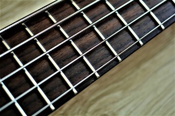 Bas-guitar. Bass guitar neck. Bass strings. Musical instrument. Music