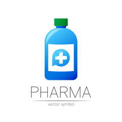 Pharmacy vector symbol with blue bottle and cross in circle for pharmacist, pharma store, doctor and medicine. Modern design vector logo on white background. Pharmaceutical icon logotype .Human Health
