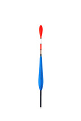 Blue pear-shaped float with a red antenna, a float for fishing on lakes and rivers, fishing accessories, white background