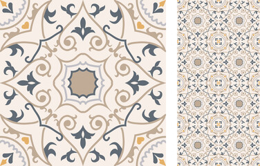 Seamless Azulejo tile. Portuguese and Spain decor. Islam, Arabic, Indian, Ottoman motif. Vector Hand drawn pattern
