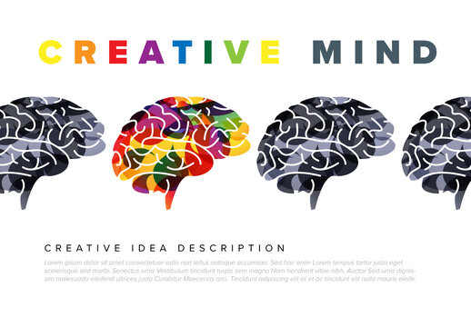 Creative Mind Concept Illustration with Gray and Colorful Brain Elements