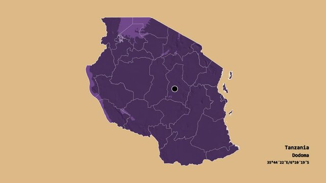 Tabora, region of Tanzania, with its capital, localized, outlined and zoomed with informative overlays on a solid patterned map in the Stereographic projection. Animation 3D