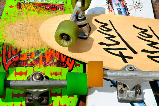 London, England - June 27, 2012: Old School Skateboards, Skateboarding first became popular during the fifties when surfers could not take to the waves.