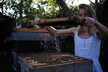 Junge Imkerin hält Wabe mit tropfendem Nektar
