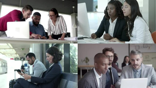 Collage of different professionals using laptop at meeting. Serious confident mature office workers chatting, sitting and working. Split screen collage. Communication and technology concept
