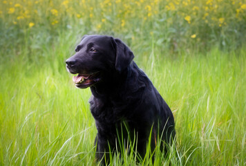 Labrador schwarz, Portrait auf einer Wiese