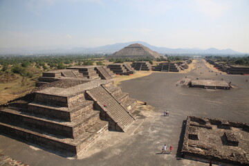 View of Ancient ruins of the Aztec and Pyramid of the Sun seen from Pyramid of the Moon at Teotihuacan, Mexico