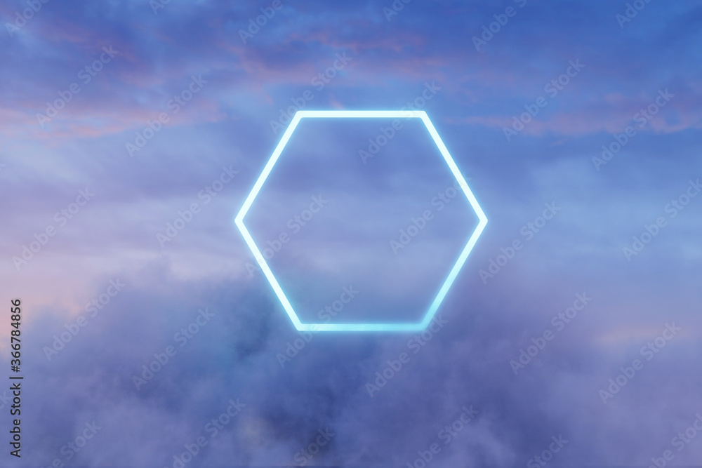 Poster 3d rendering of neon hexagon shape above fluffy clouds in front of moody sky