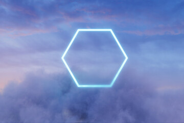 3d rendering of neon hexagon shape above fluffy clouds in front of moody sky