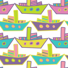 Seamless colorful vector design of ships in lines in bright colors on white