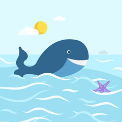 Whale in the sea. Vector whale illustration in flat cartoon style